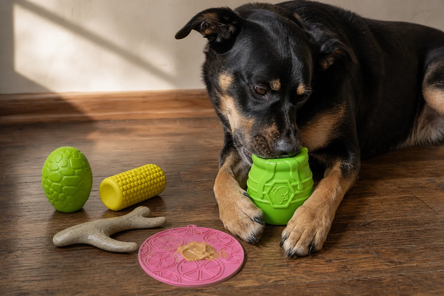 A dog working on a green Honey Pot enrichment toy with a Dinosaur Egg, corn toy, antler chew and citrus lick mat nearby