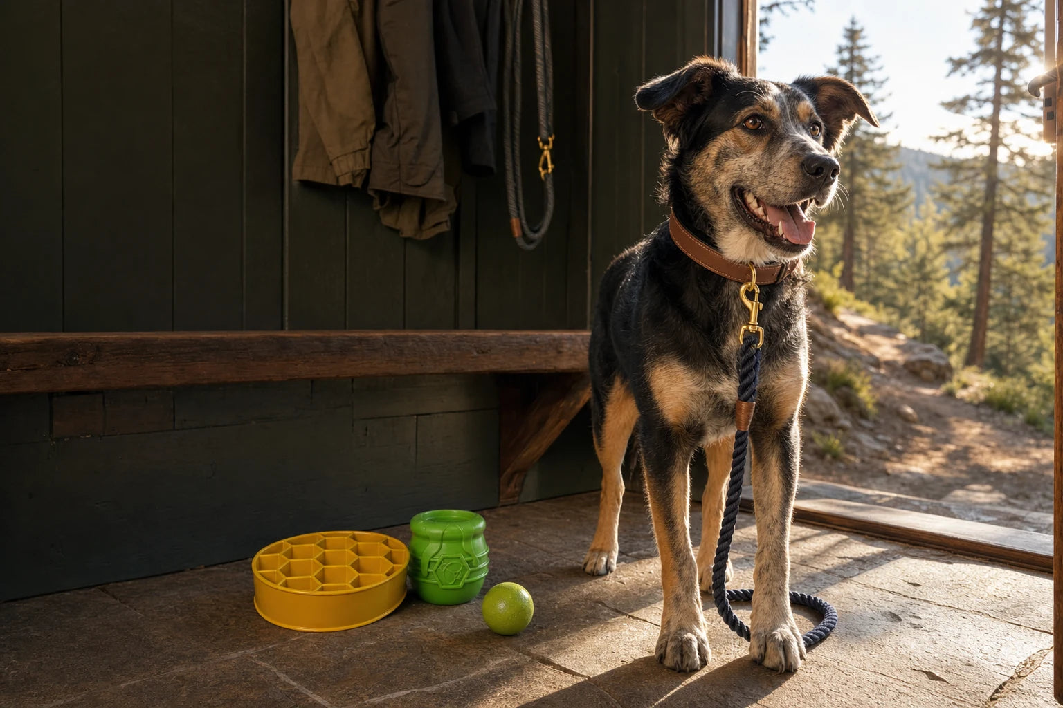 A black-and-tan dog wearing a leather collar beside a rope leash, slow feeder and enrichment toys in a mountain mudroom