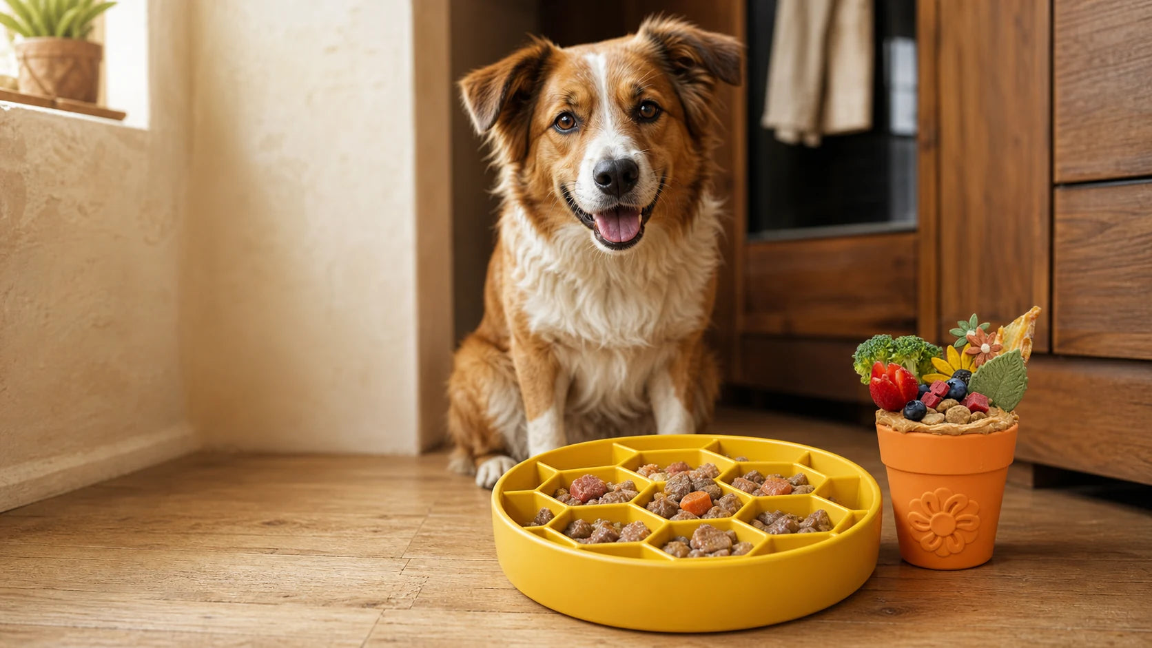 A happy dog waiting behind a yellow honeycomb slow feeder and a green flower-shaped enrichment feeder