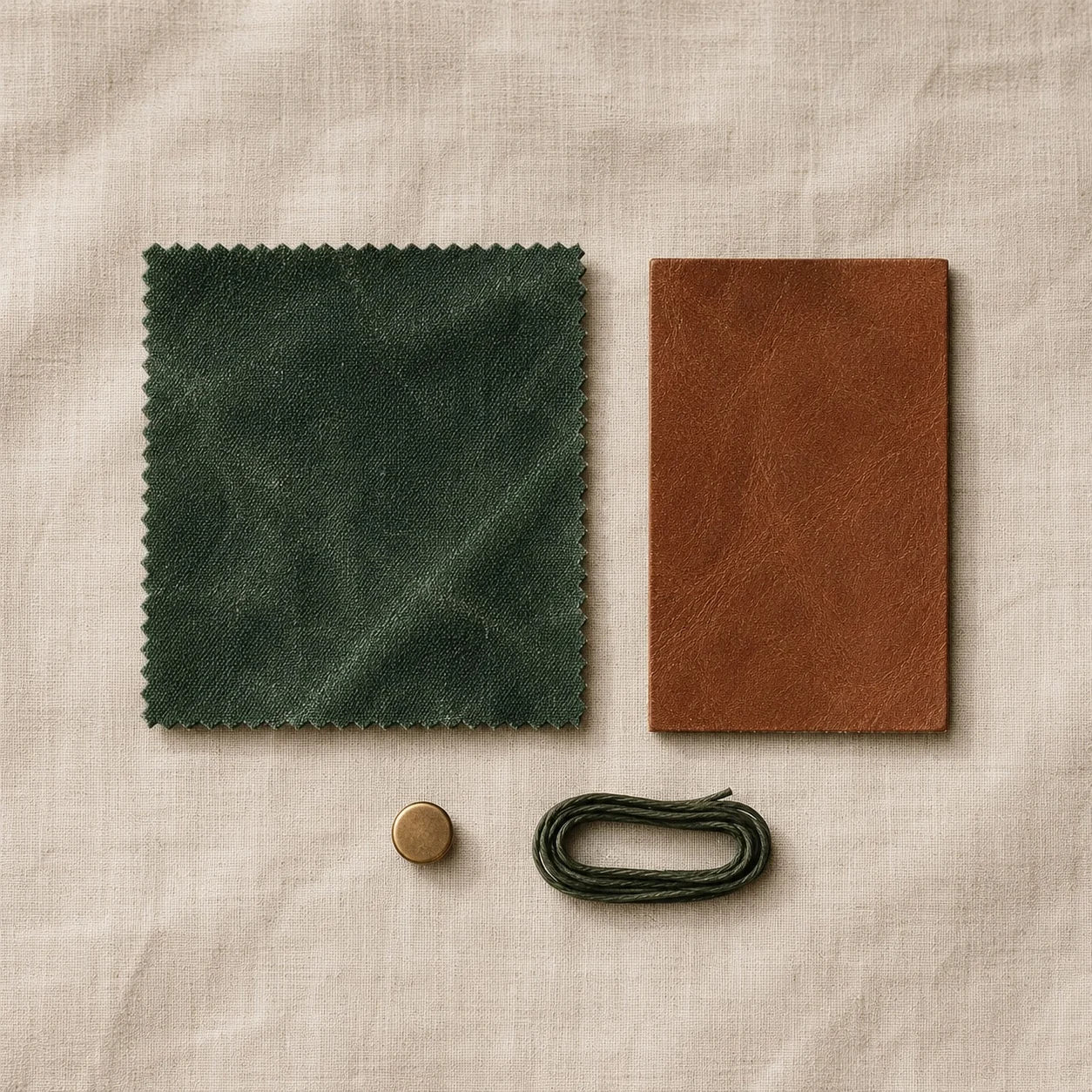Flat-lay swatches: waxed duck canvas beside natural veg-tanned leather, an antique brass rivet, and waxed thread.