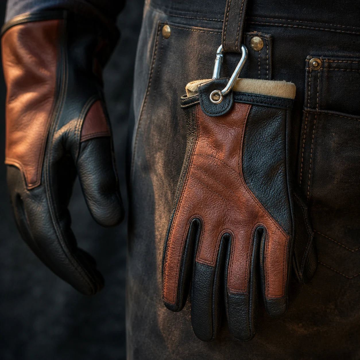 D8 Fire Glove cuff and carabiner attachment clipped to a work apron