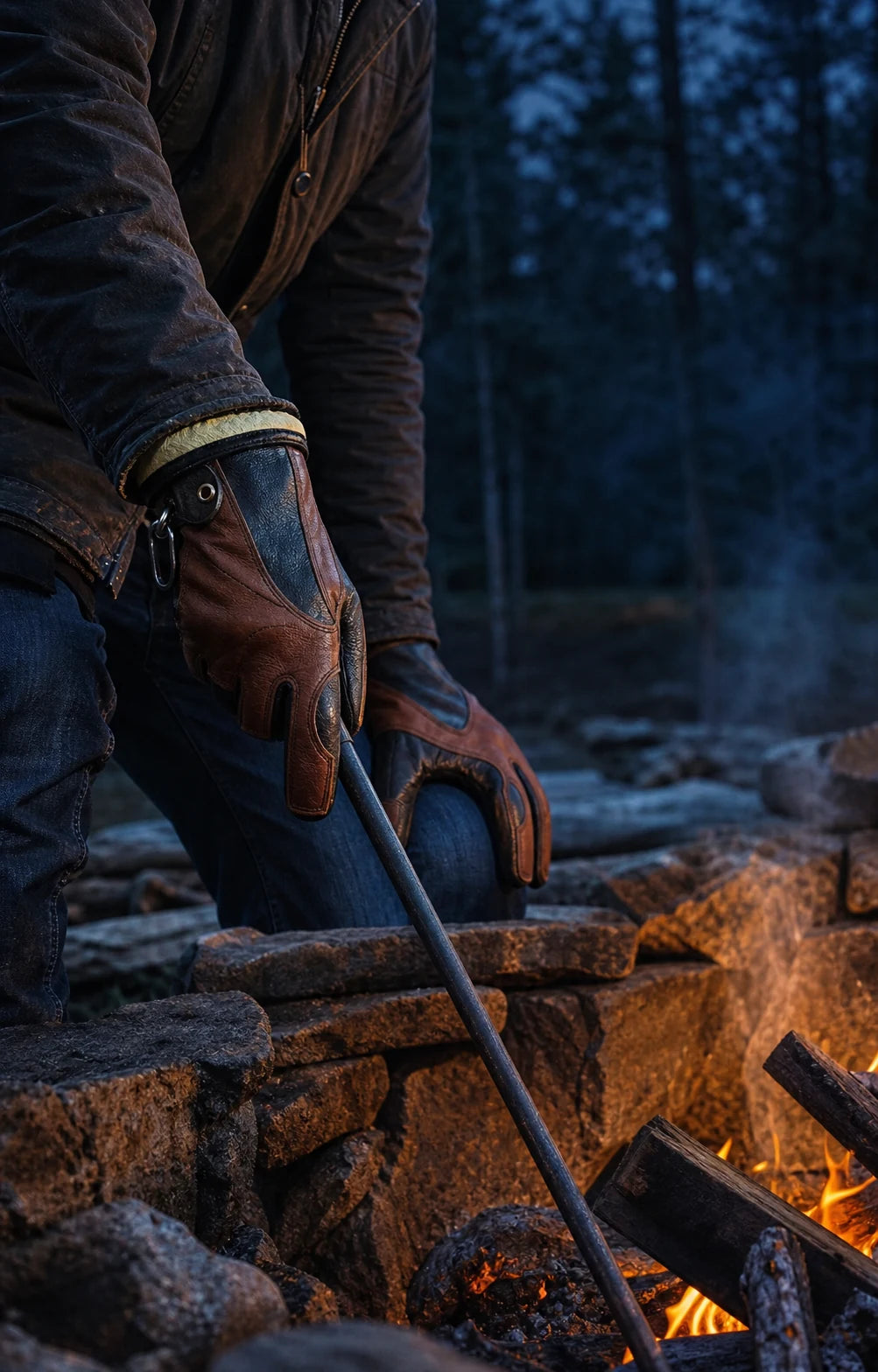 D8 Fire Gloves used with a long poker beside an outdoor fire