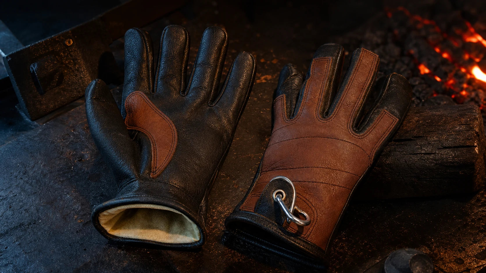 Pair of D8 Fire Gloves arranged on a working forge bench