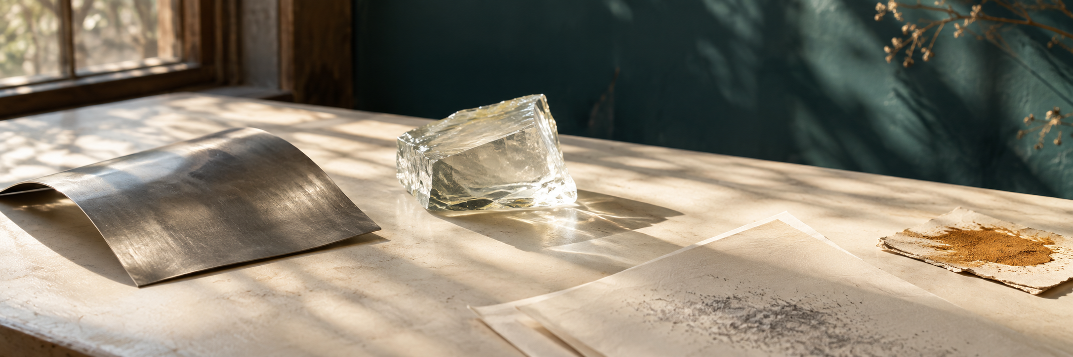 Sunlit worktable with raw steel, clear glass, cream paper, graphite and ochre pigment.