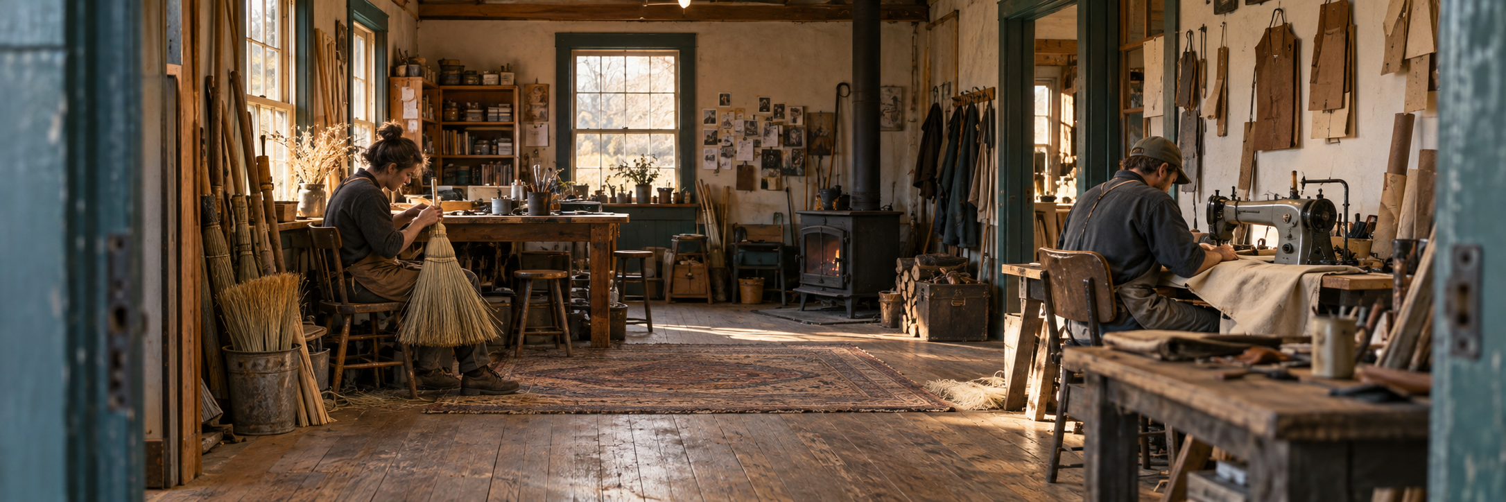 Imagined craft workshop with one artisan making a broom and another sewing canvas.