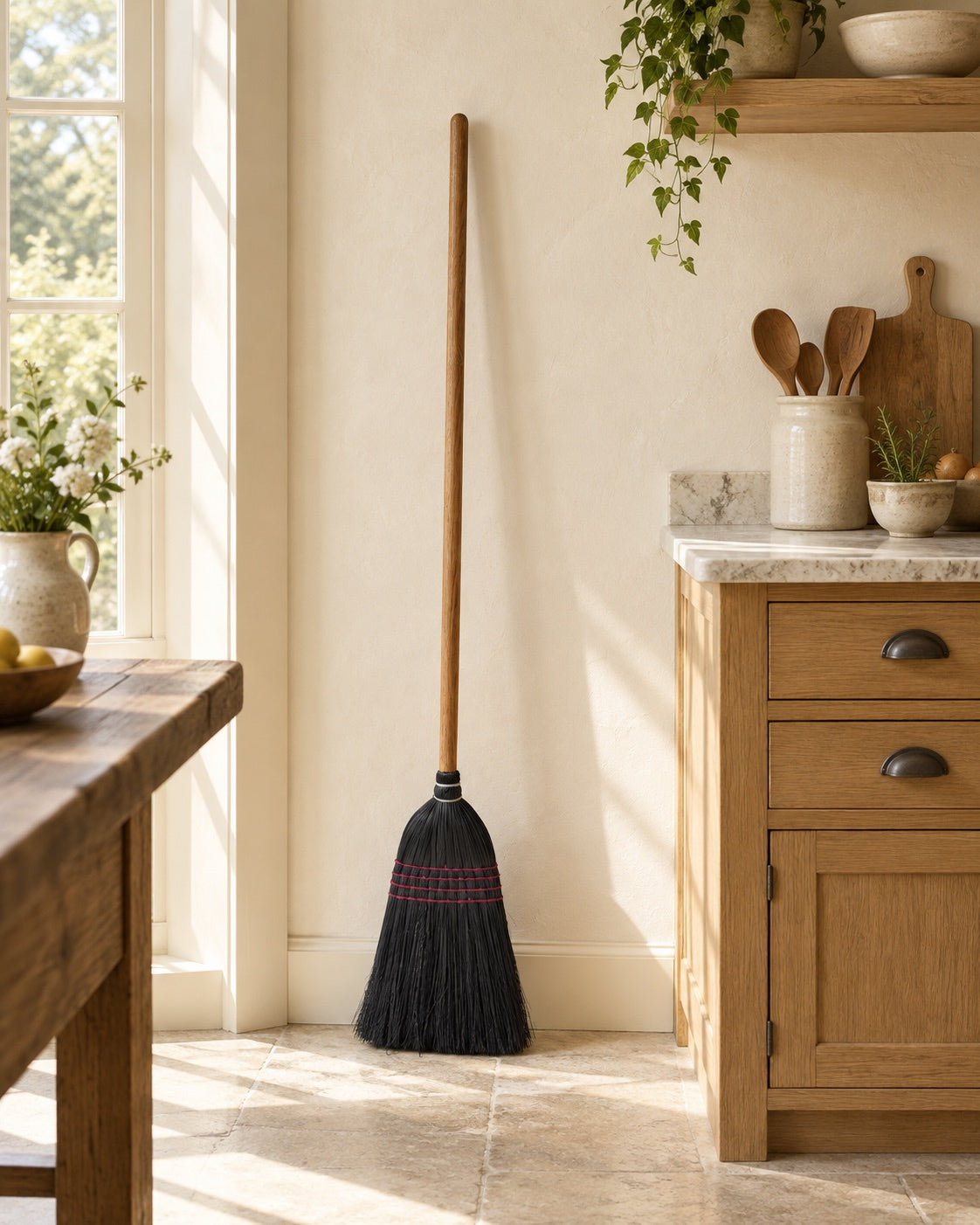 The black Everyday Broom in a sunlit country kitchen