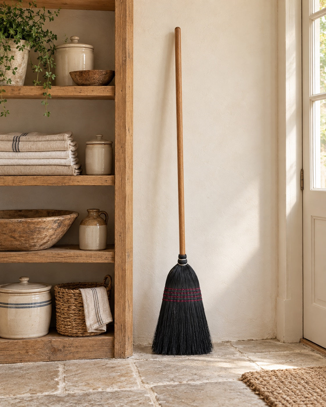 The black Everyday Broom in a country-house pantry