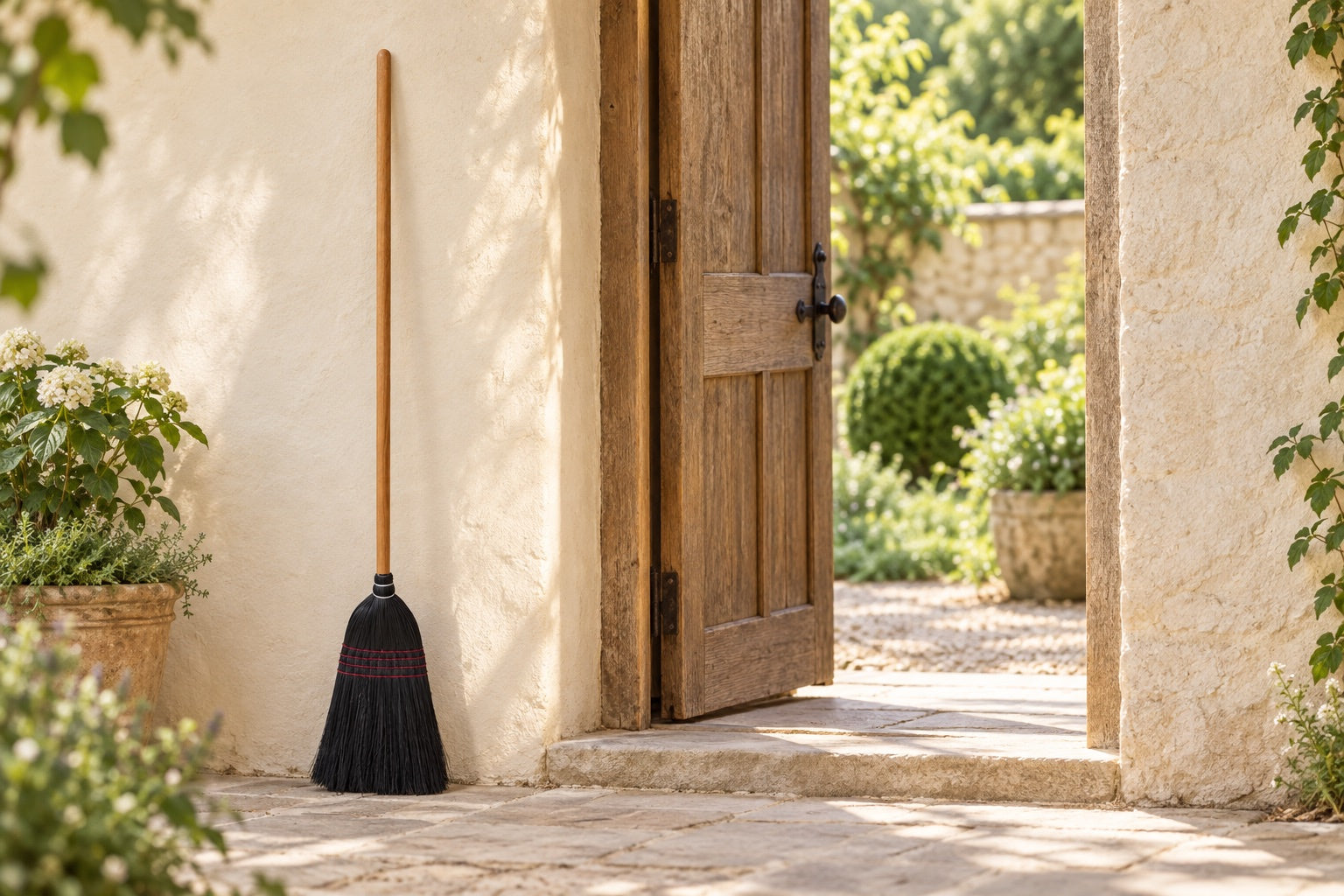 The black Everyday Broom by a sunny garden doorway