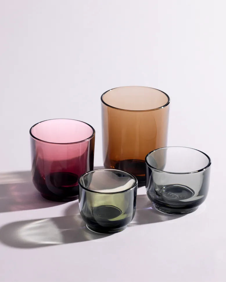 Pirch glasses in garnet, amber, smoke and woodland tints