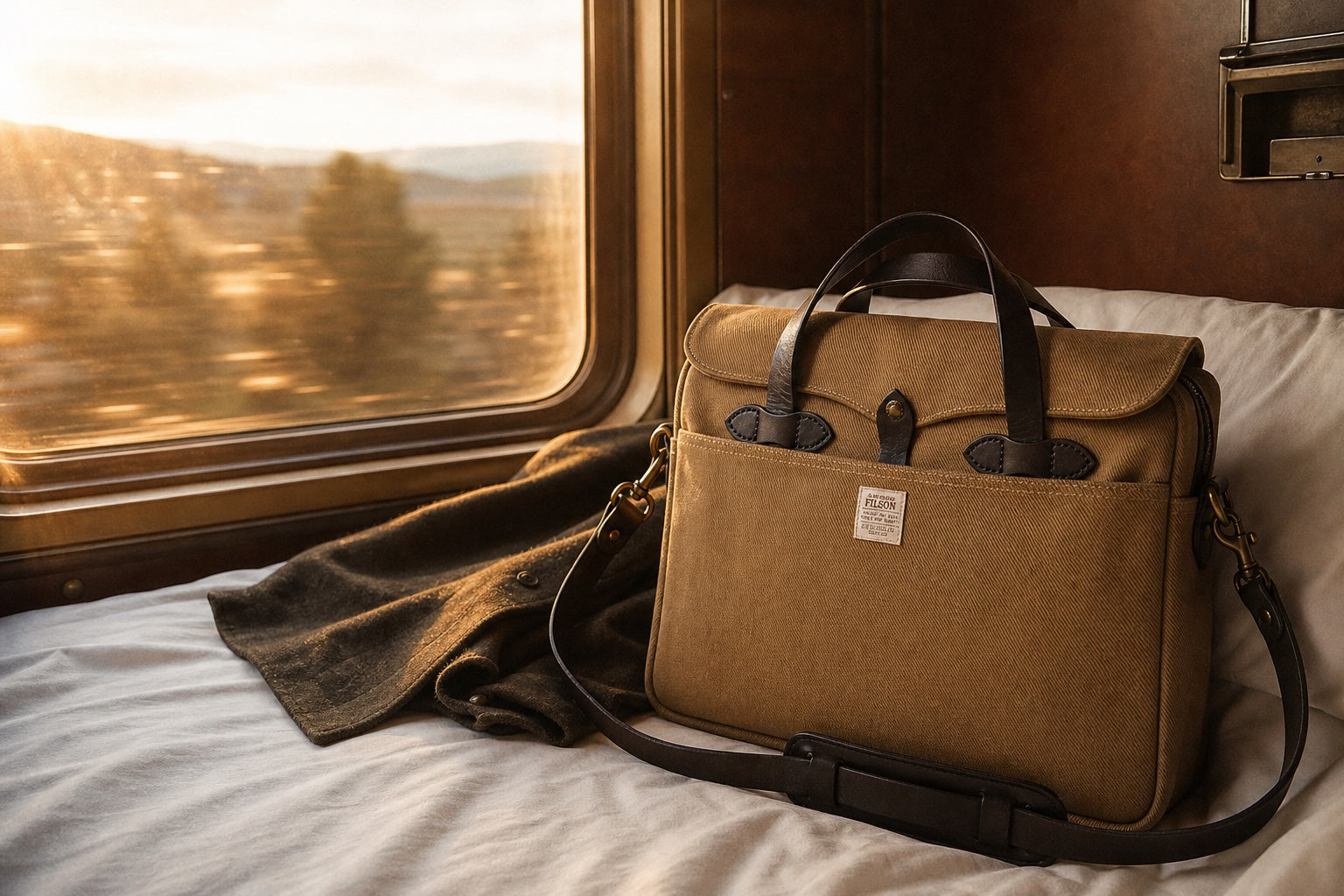 The well-traveled Tan briefcase resting on the bed of a vintage train sleeper compartment at golden hour