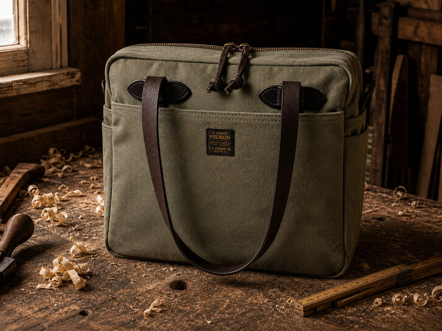 The Otter Green tote after twenty years — burnished corners, darkened leather, honeyed brass