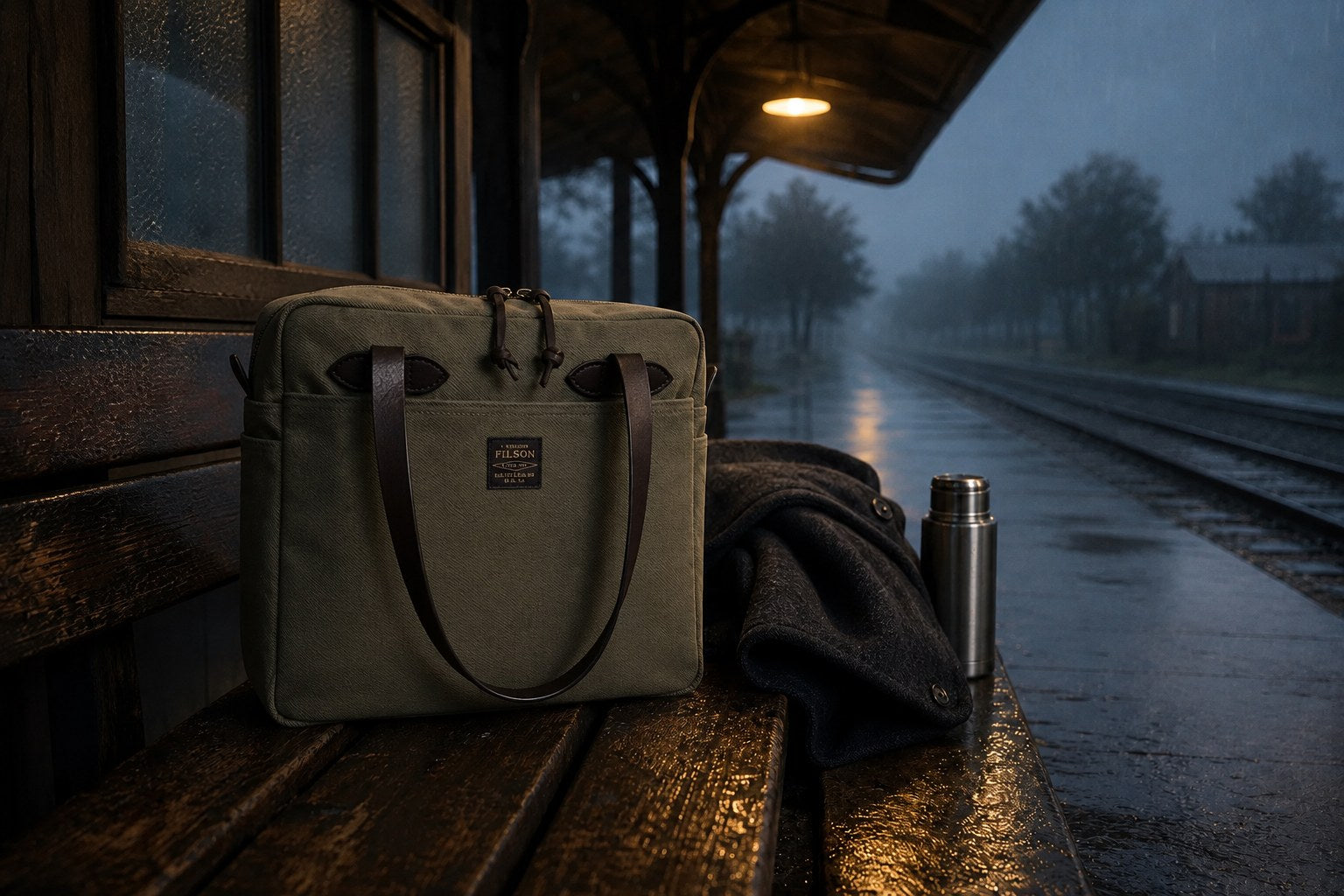 The Otter Green tote on a wooden bench of a rainy railway platform at dusk