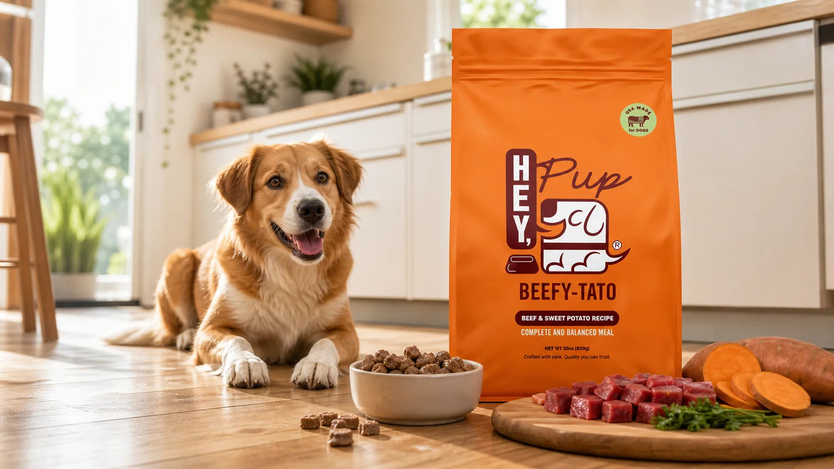 HeyPup Beefy-Tato bag beside a happy dog in a kitchen