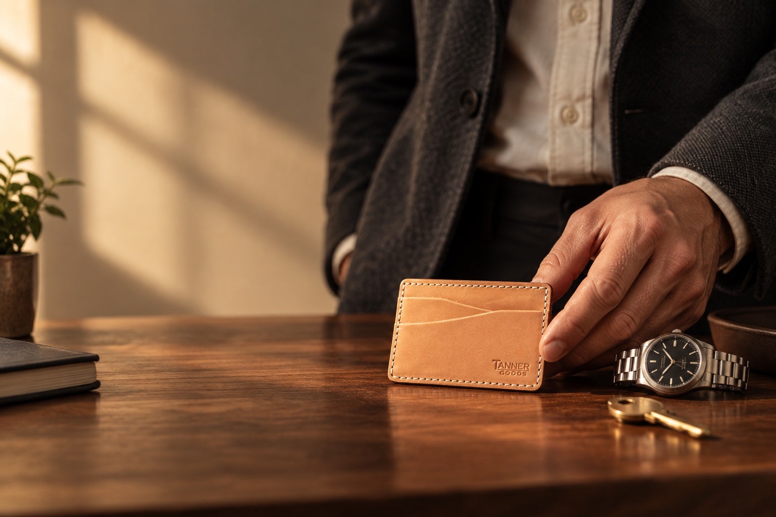 Natural leather Journeyman cardholder on a walnut table beside a watch and key