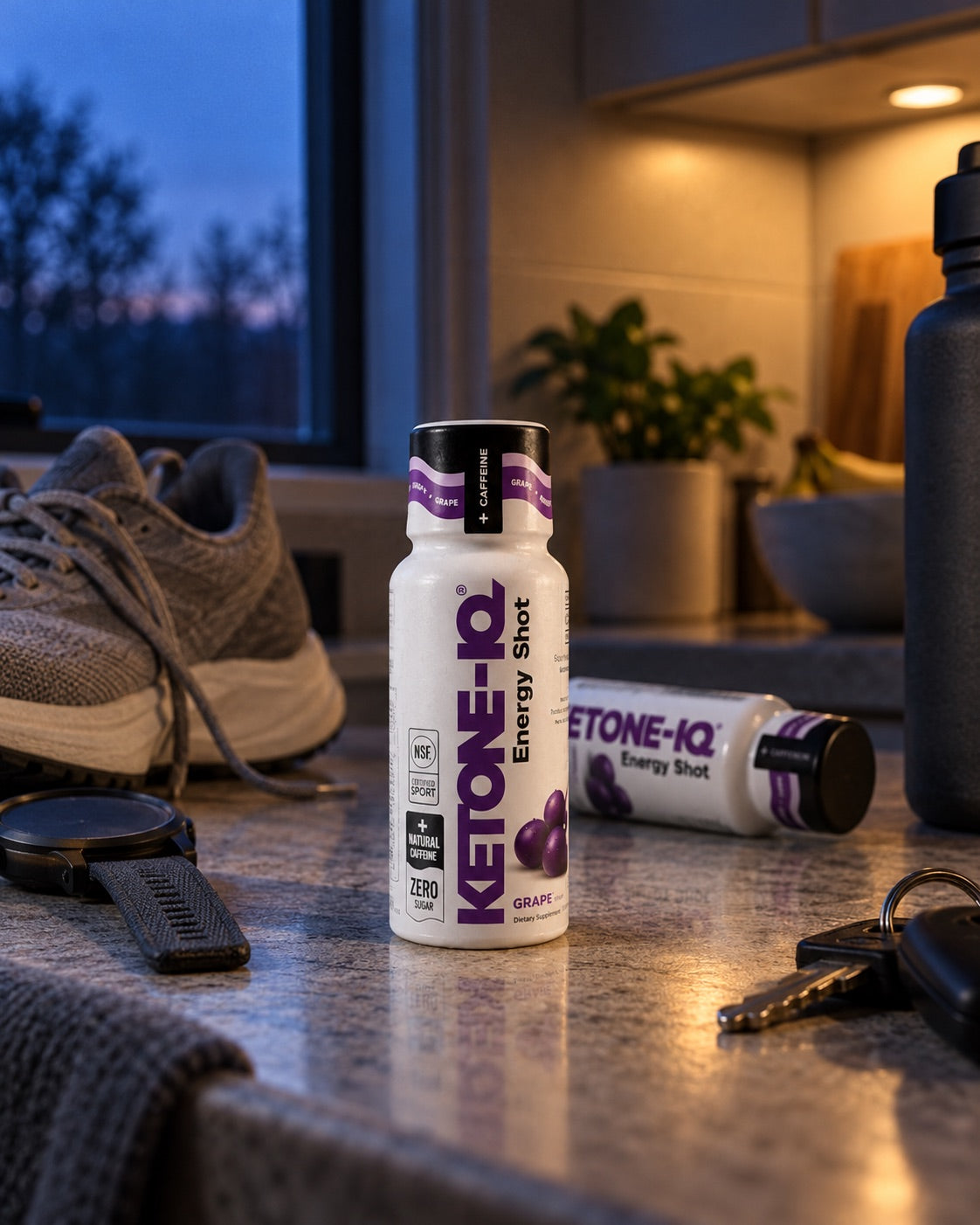 A Ketone-IQ +Caffeine Grape shot on a kitchen counter at dawn beside running shoes