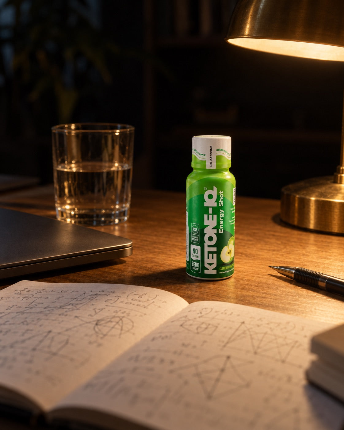 A Ketone-IQ Green Apple shot on a lamp-lit desk beside a notebook full of diagrams
