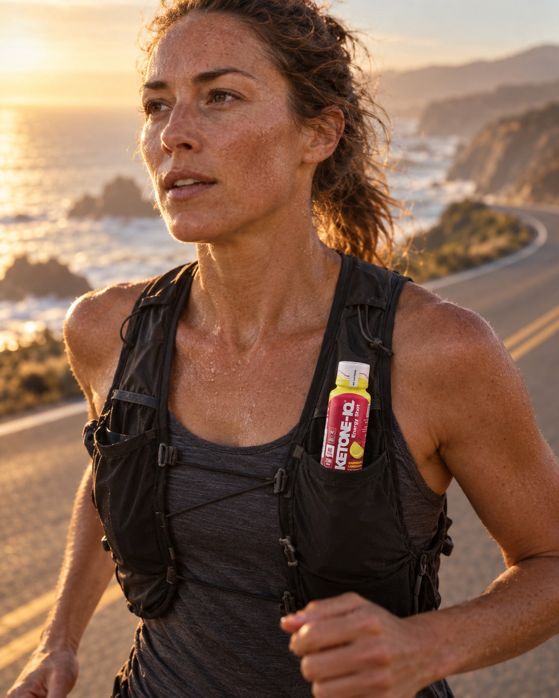 A runner on a coastal road at golden hour with a Ketone-IQ shot in her vest pocket