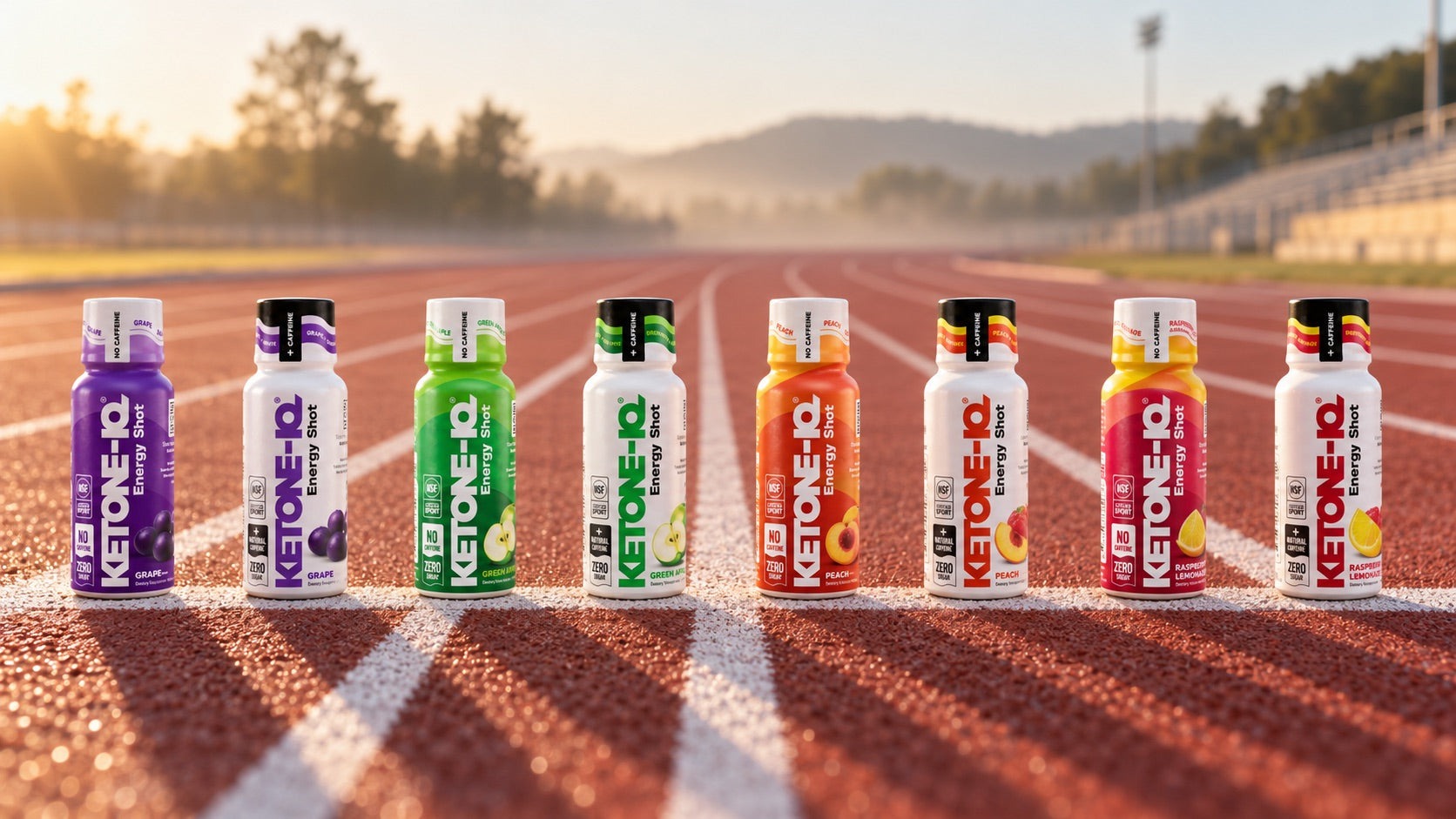Eight Ketone-IQ shots lined up on the start line of a running track at sunrise