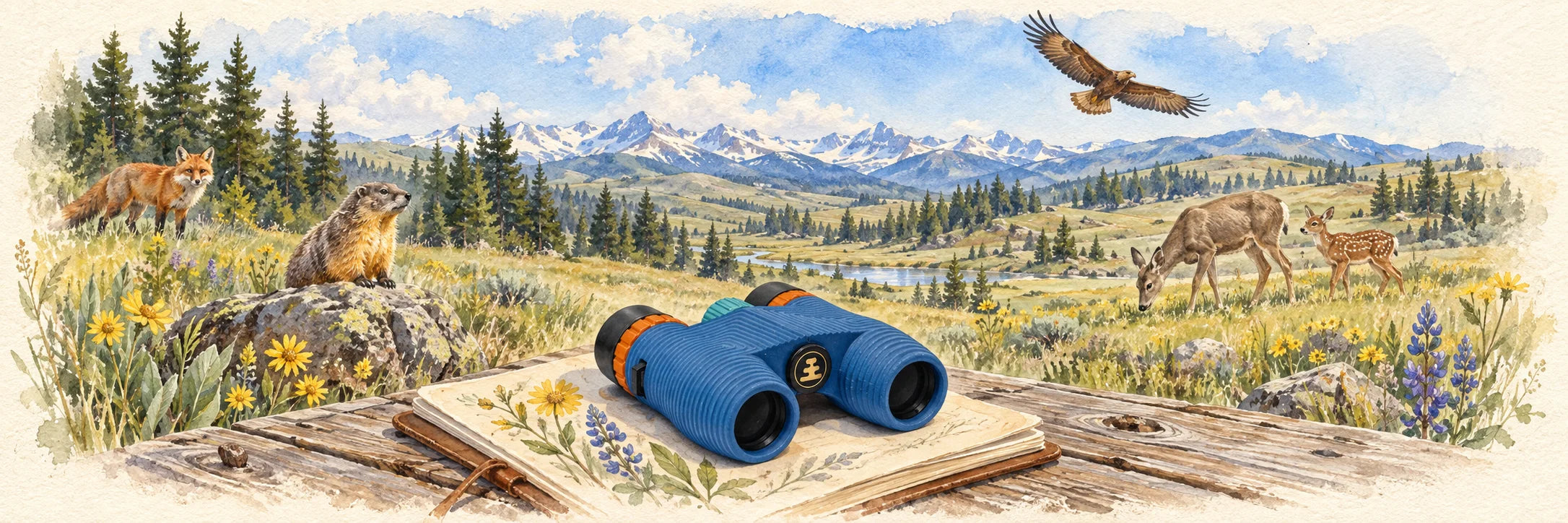 Watercolor field-guide scene with NOCS binoculars, a fox, marmot, deer and fawn beneath an eagle in a blue mountain sky.