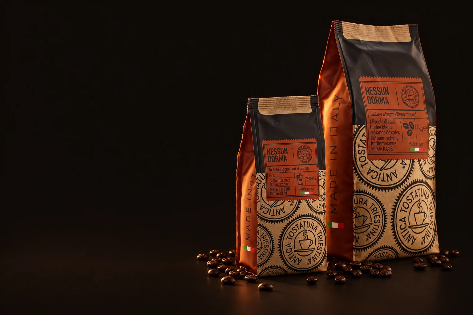 Nessun Dorma Moka Ground 250 g and Whole Bean 1 kg bags, wood-roasted by Antica Tostatura Triestina, with roasted coffee beans