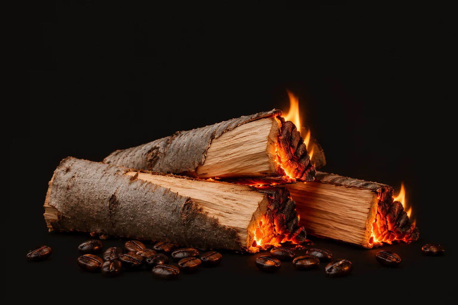 Split beech-wood logs burning down to glowing embers, with roasted coffee beans scattered in front