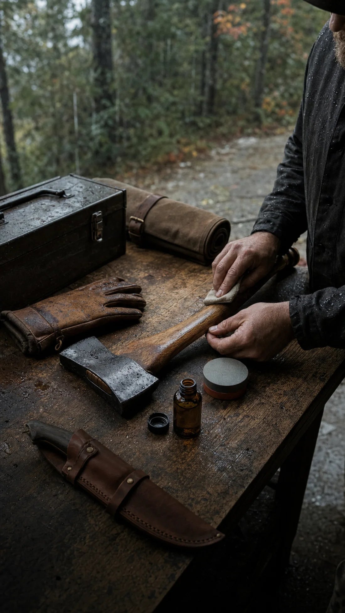 A working axe being safely maintained at a covered field bench