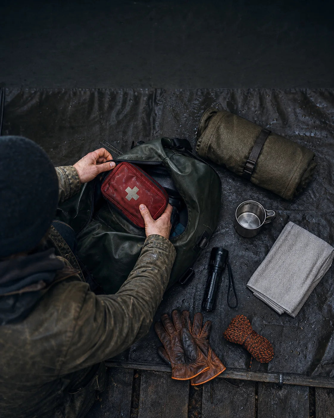 A practical 72-hour field setup being packed into a dry bag