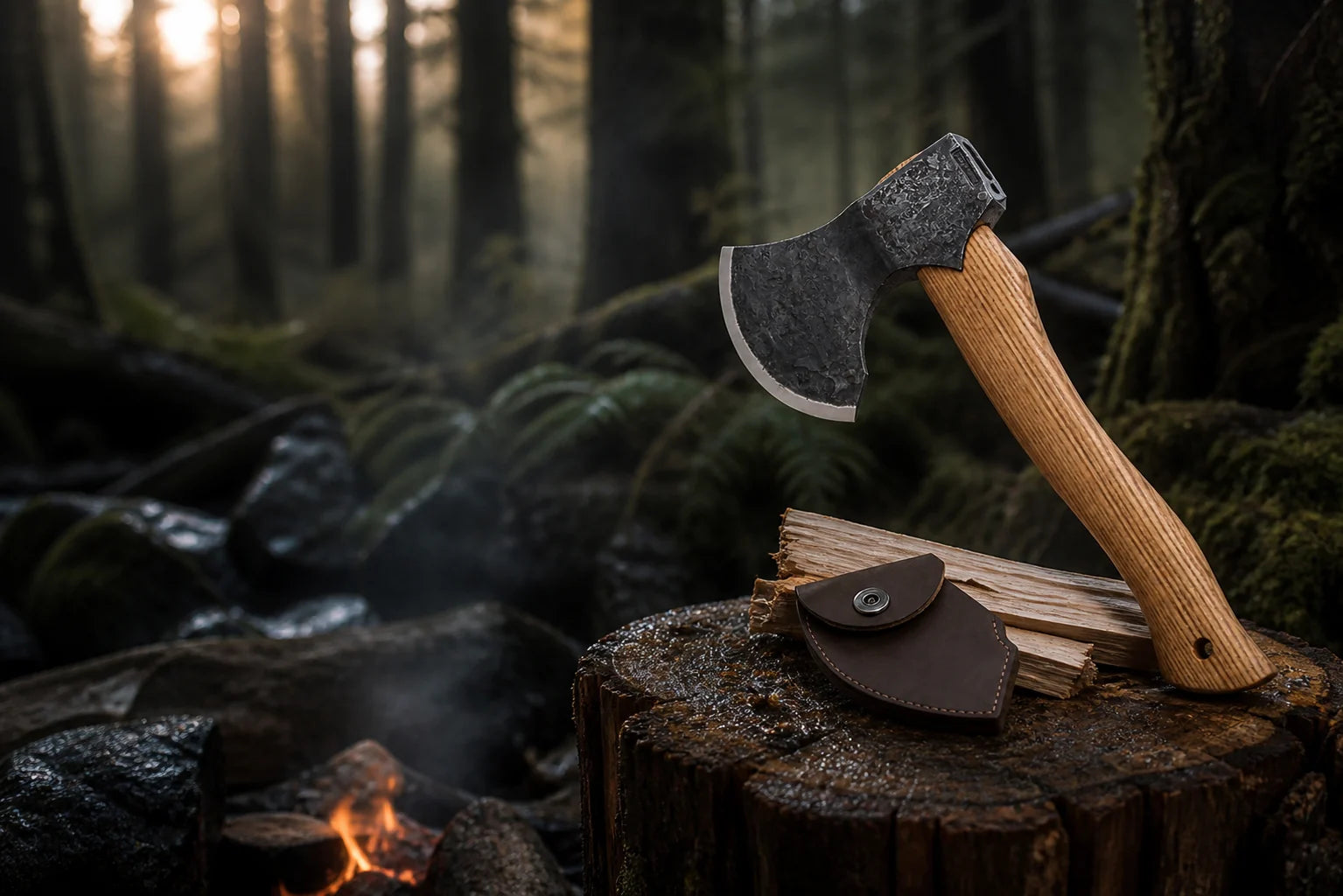 AX3 bushcraft hatchet at a damp forest camp beside kindling and its leather sheath