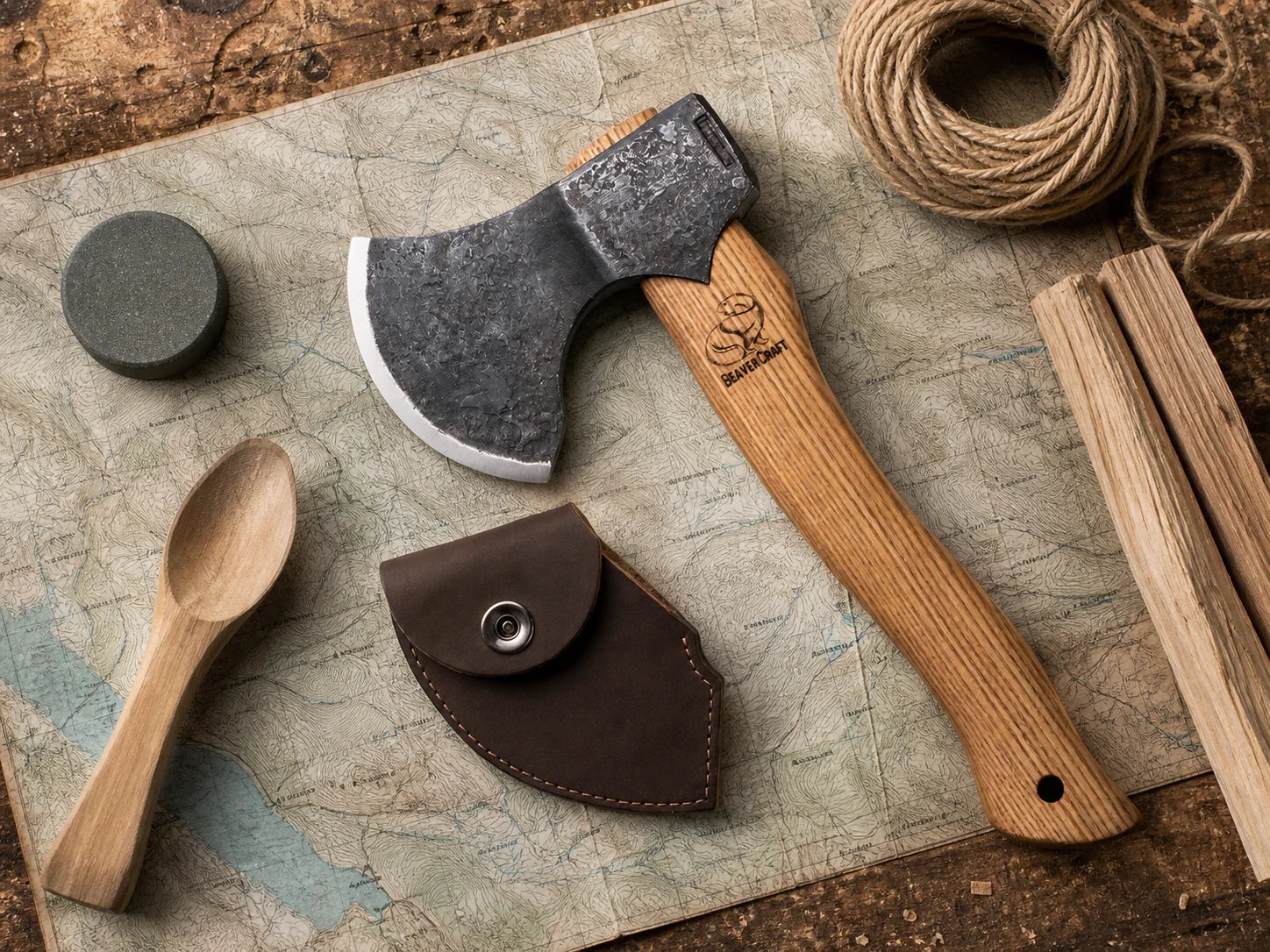 AX3 hatchet, leather sheath and field tools laid on a topographic map