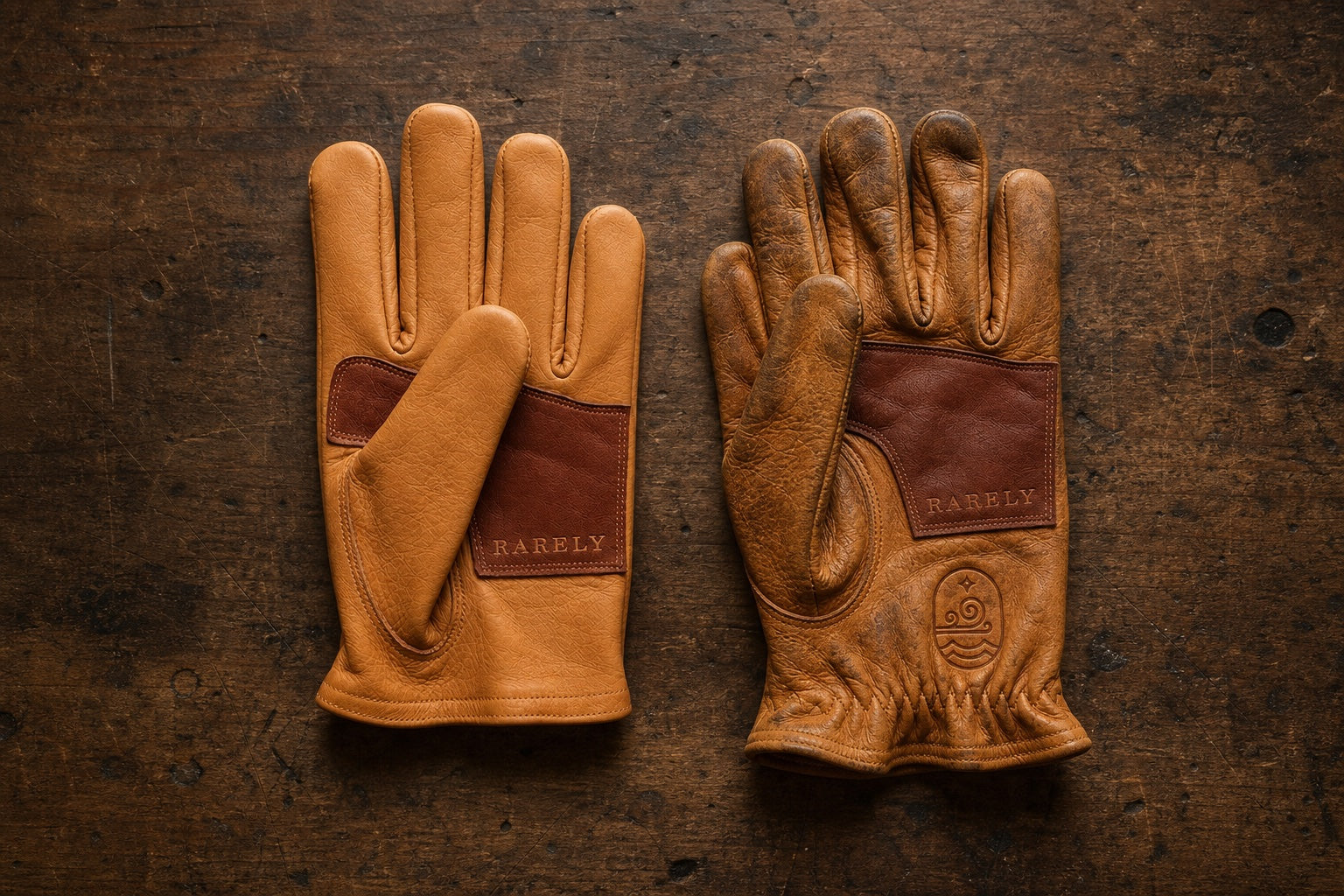 The same glove twice: brand new beside deeply creased and broken-in