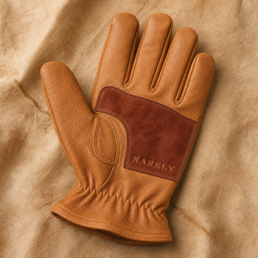 Macro of the oxblood double-leather palm heel patch with debossed RARELY lettering