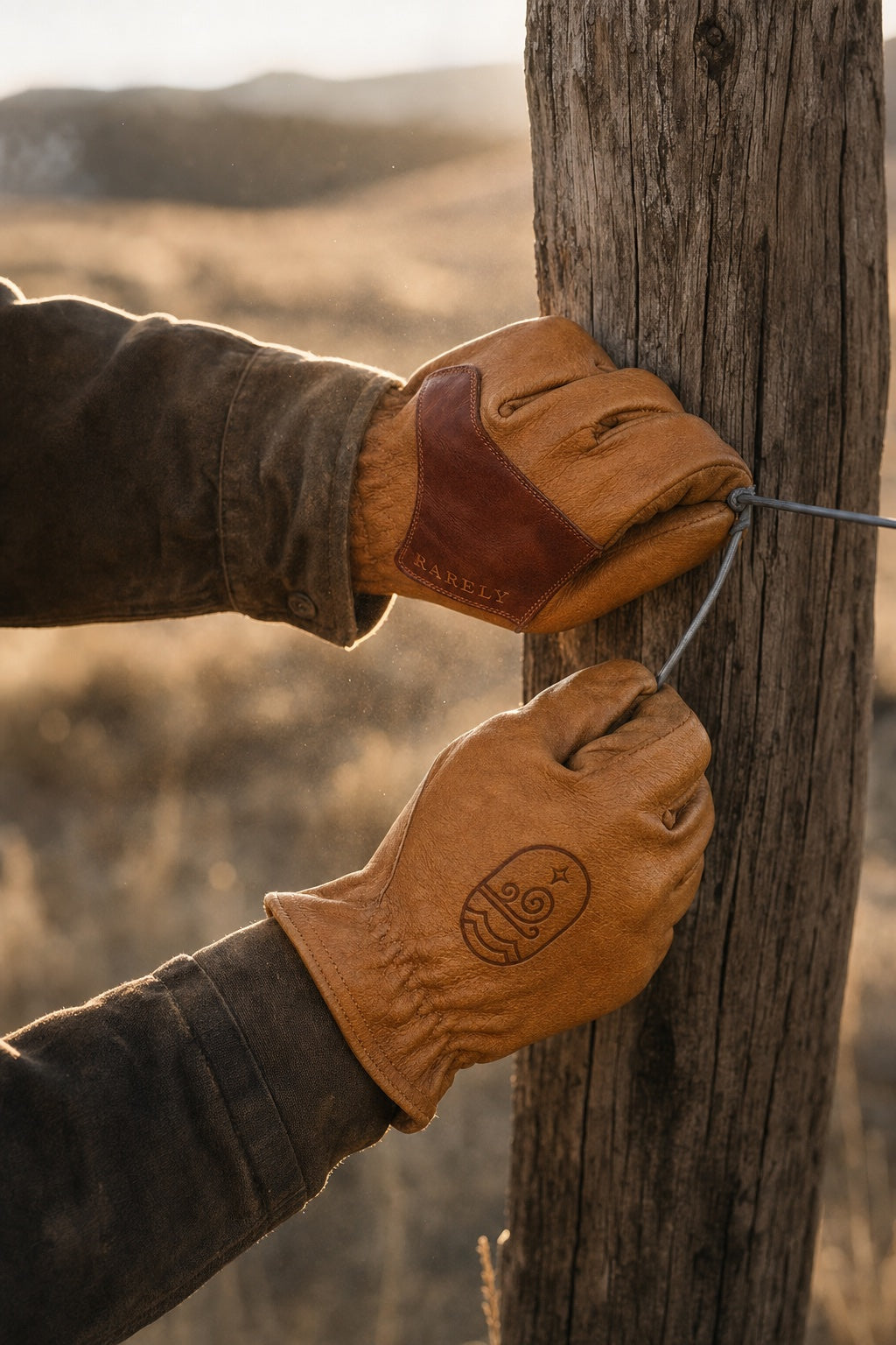 Gloved hands gripping fence wire against a cedar post at golden hour