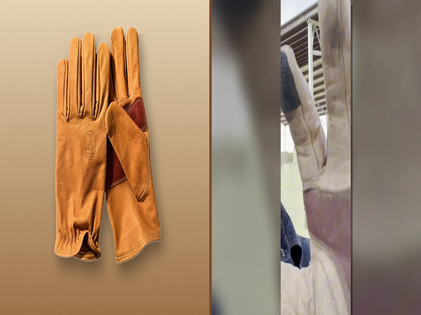 Actual clean buffalo glove beside a real field-worn glove