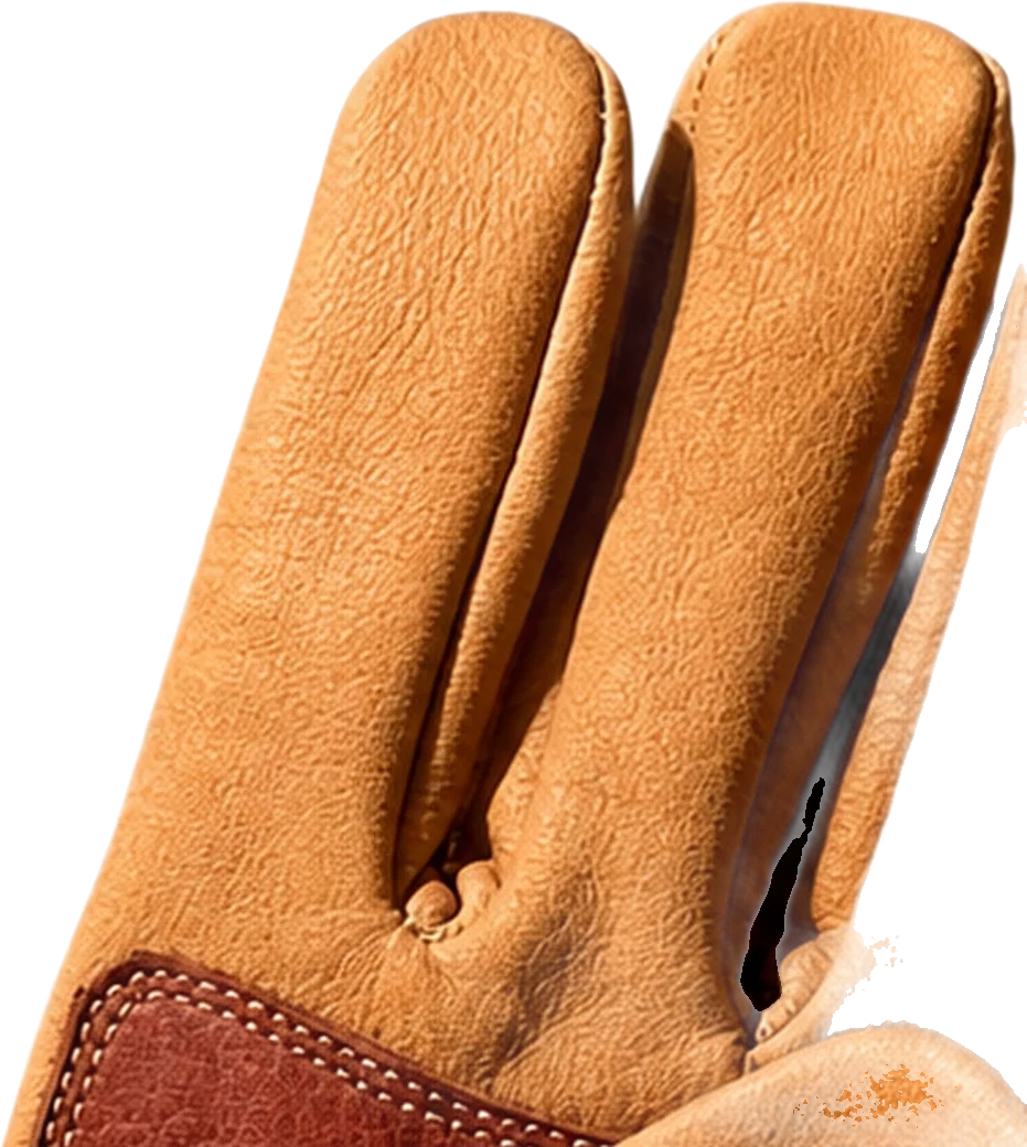 Close-up of the glove’s fingers and oxblood palm heel patch with cream stitching