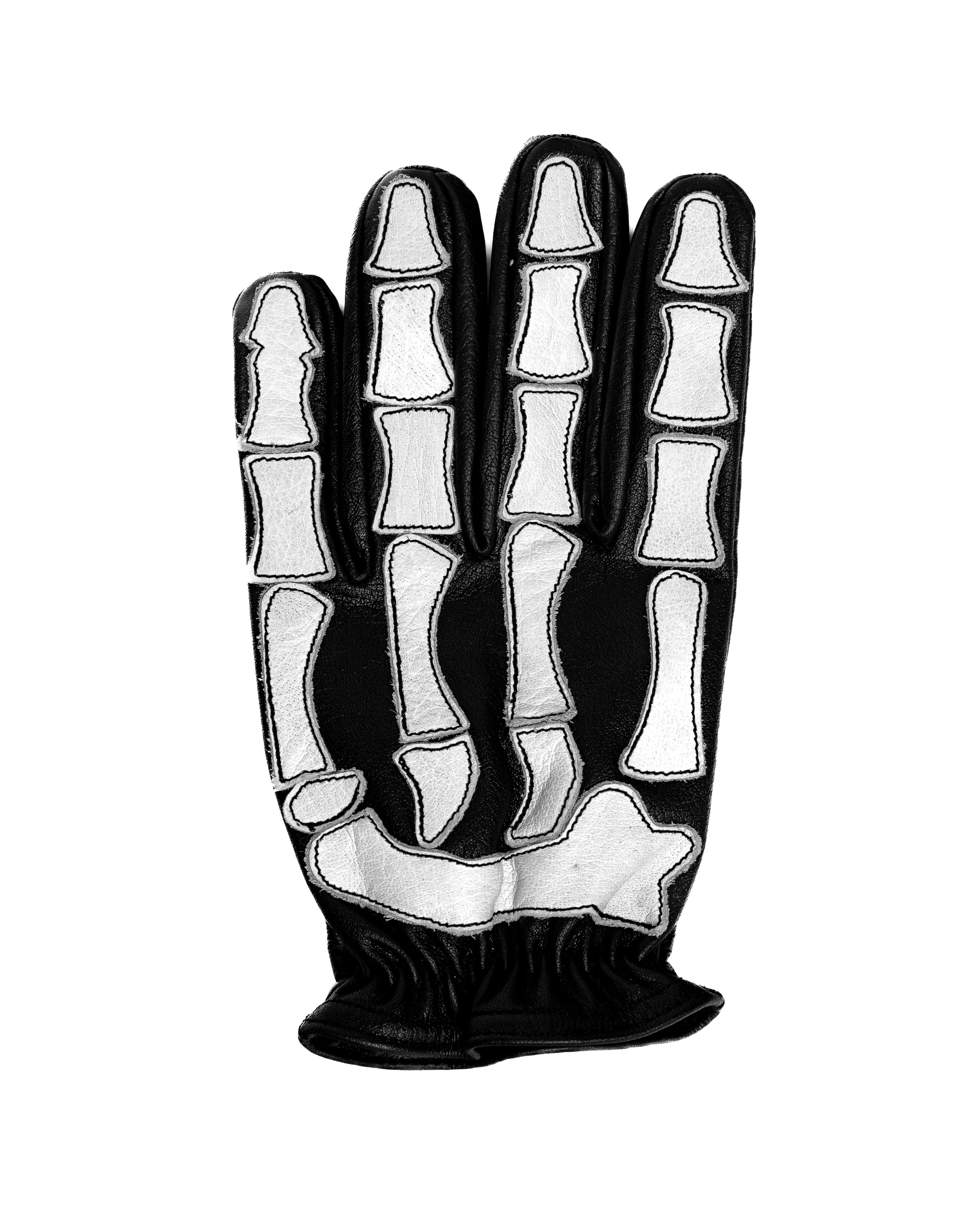 Skeleton leather glove, dorsal view — white leather bones stitched on black water buffalo hide