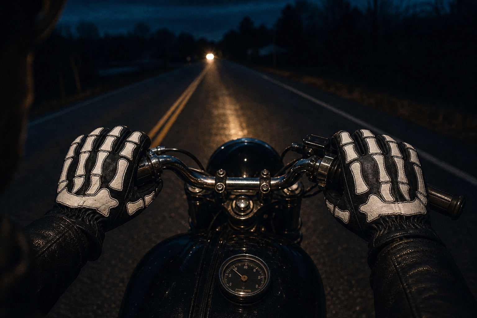 Gloved hands on motorcycle handlebars at night, white bones catching the headlight