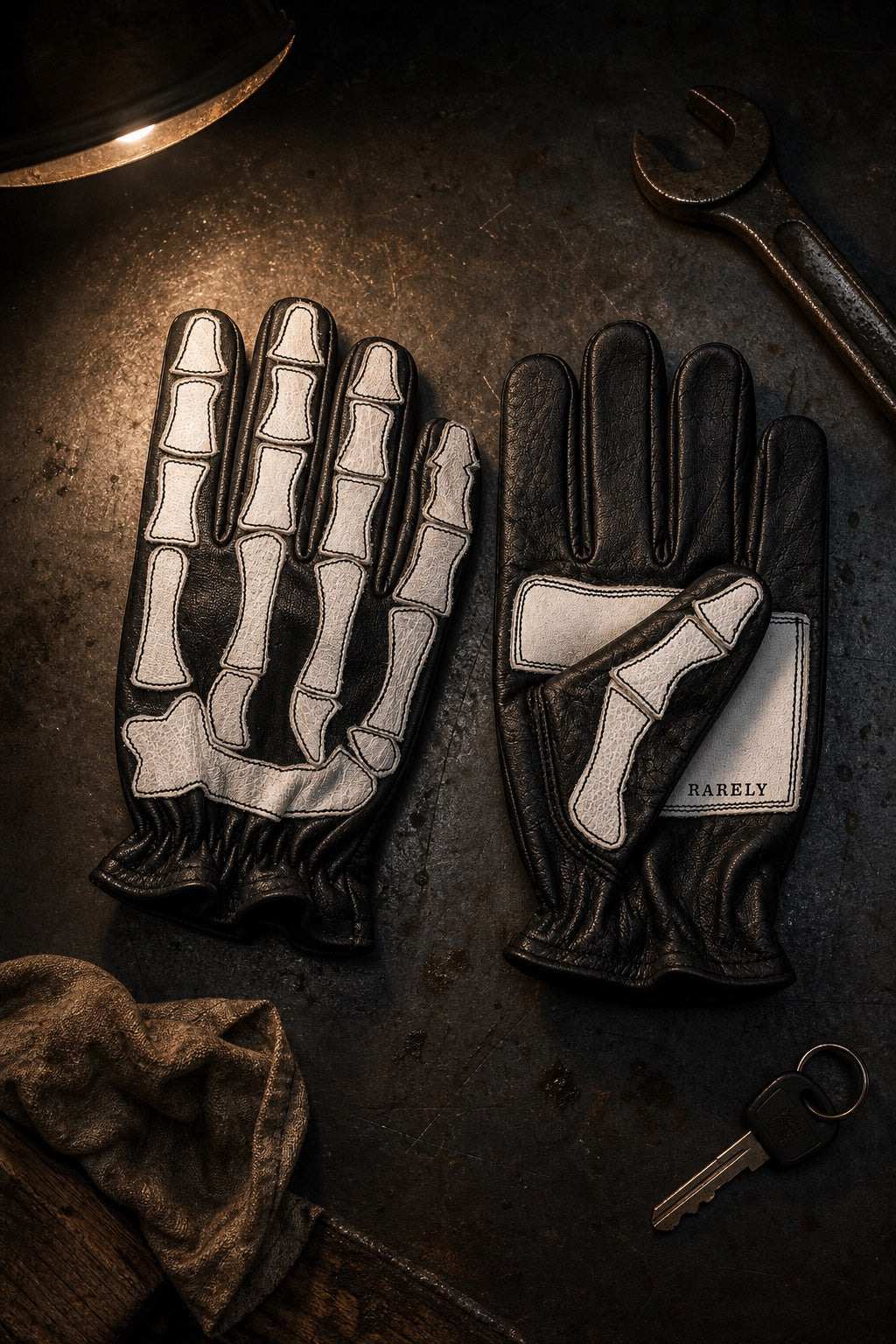 Skeleton gloves resting on a garage workbench under a single work lamp