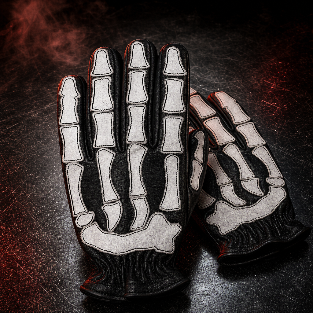 Rarely buffalo leather skeleton gloves on scratched black steel