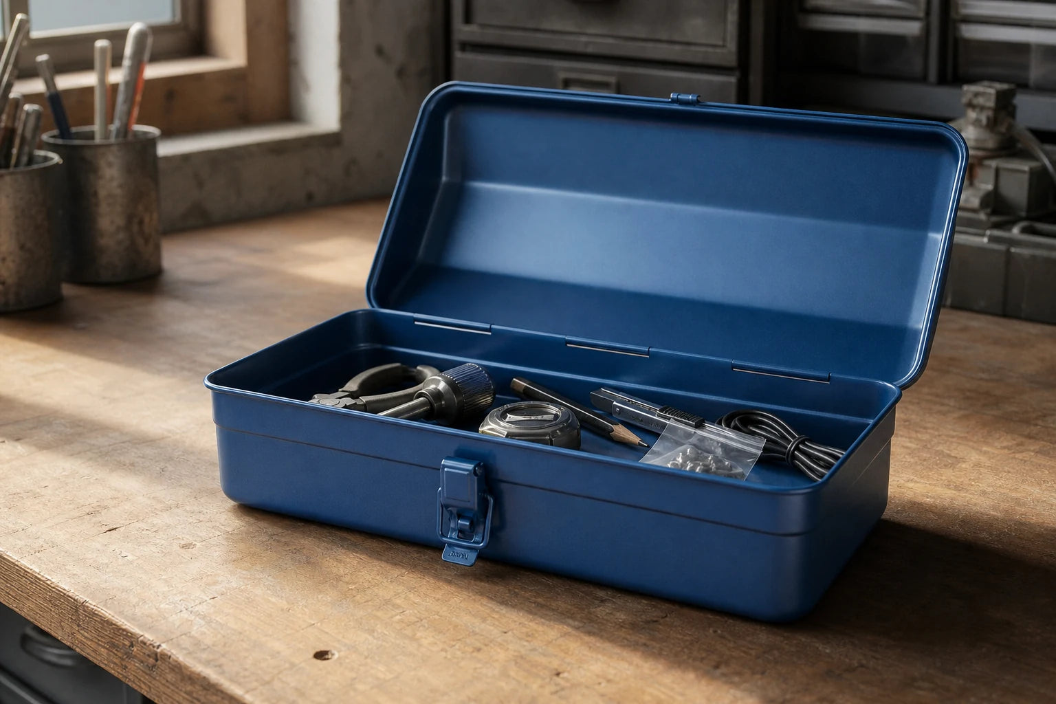 Open blue Toyo Steel Y-350 holding a compact everyday tool kit