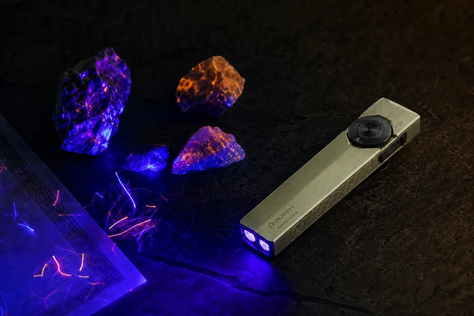 Olive Green ArkPro Ultra revealing fluorescent material with ultraviolet light