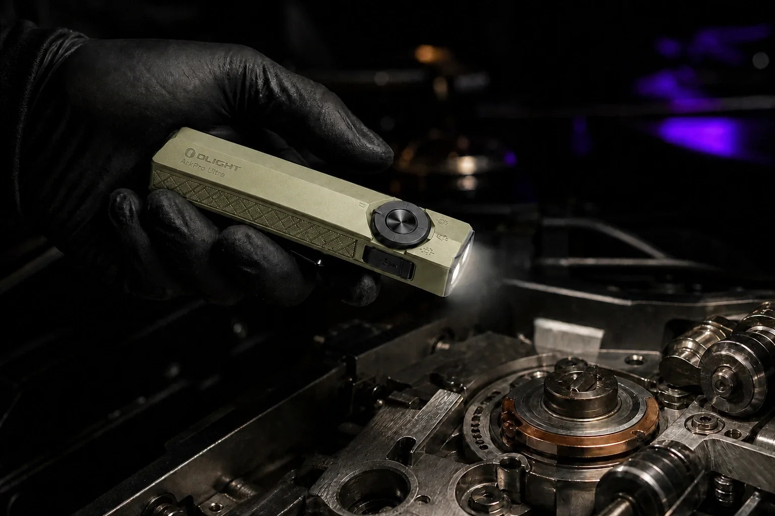 Olive Green ArkPro Ultra lighting a close mechanical repair