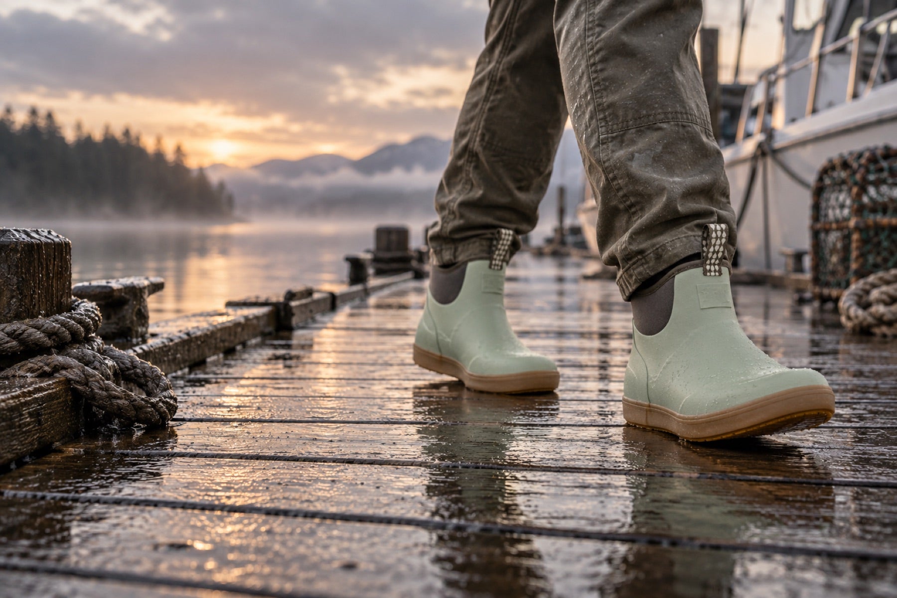 Field Sage deck boots worn on a rain-wet working dock at first light