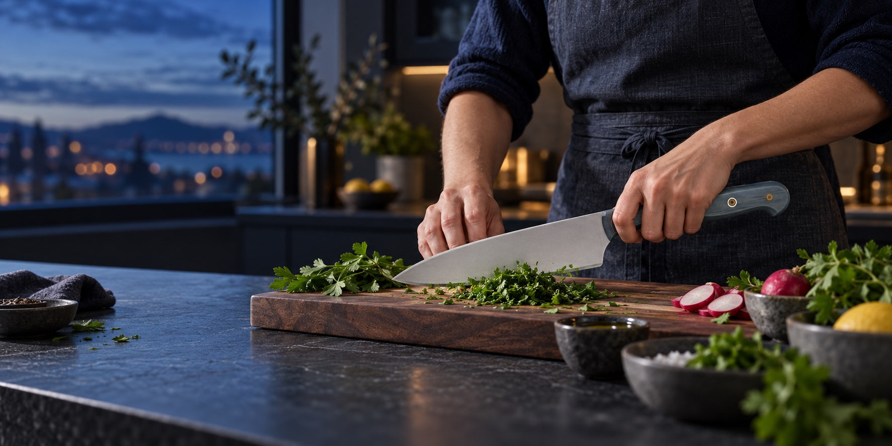Home cook using a blue-handled chef's knife to prepare herbs in a modern kitchen