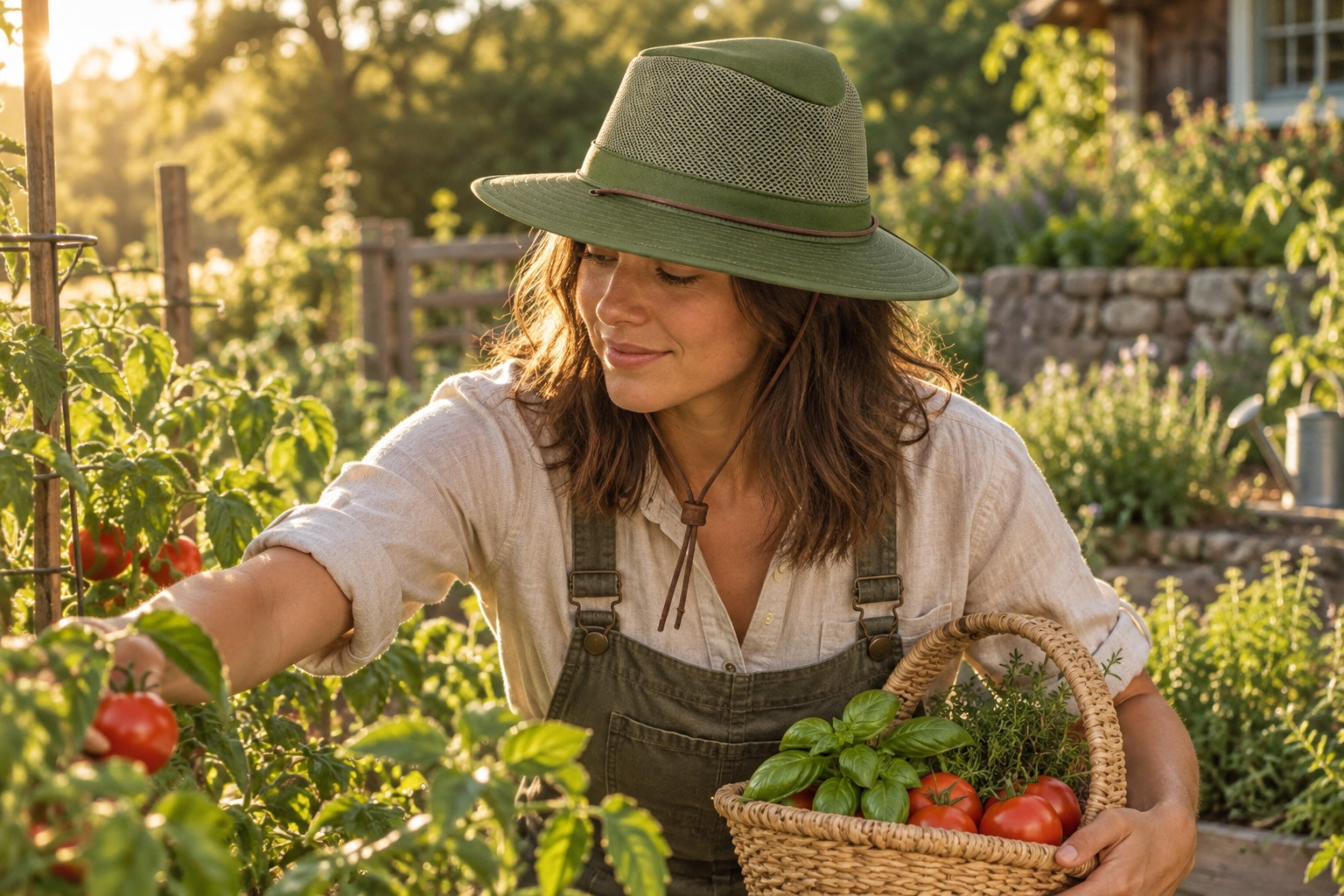 Woman wearing the Fern Mesh Hiker while harvesting tomatoes