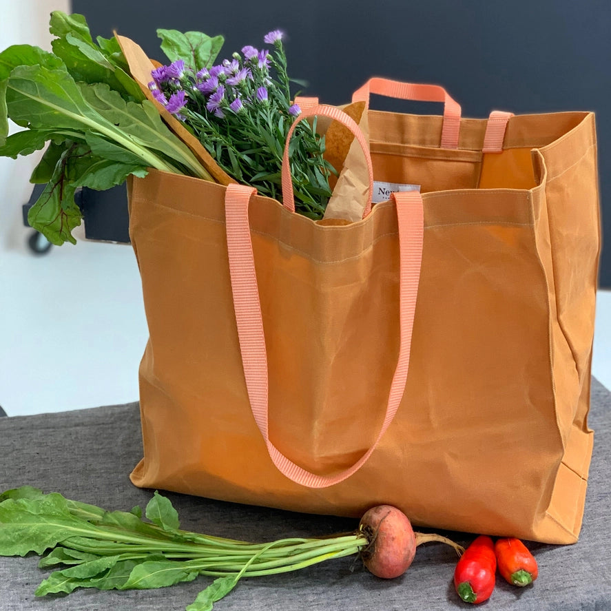 Large Whiskey and Peach tote filled with vegetables and flowers
