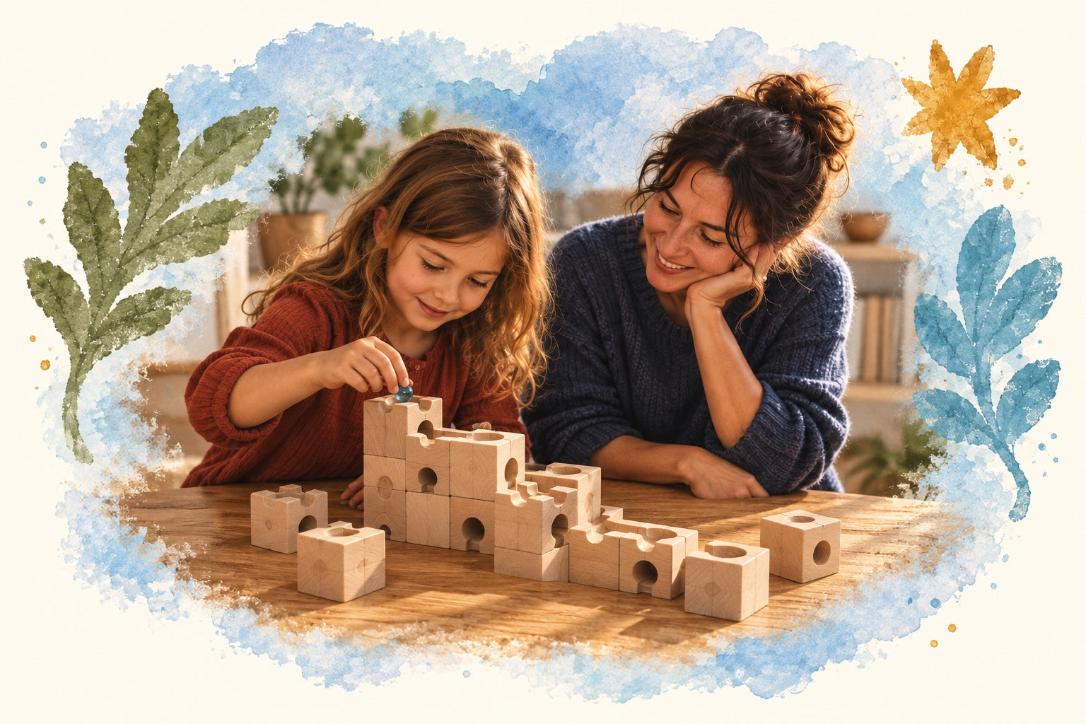 Watercolor-framed illustration of a mother and child sharing a wooden marble-run play session