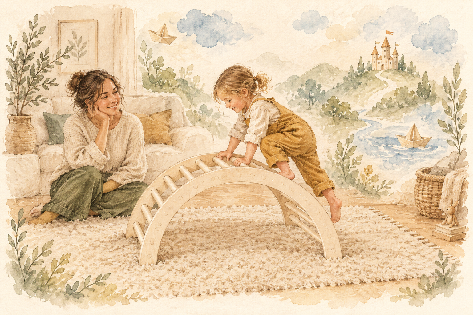 Watercolor story of a child climbing a wooden arch beside a parent, as their living room opens into an imaginary landscape