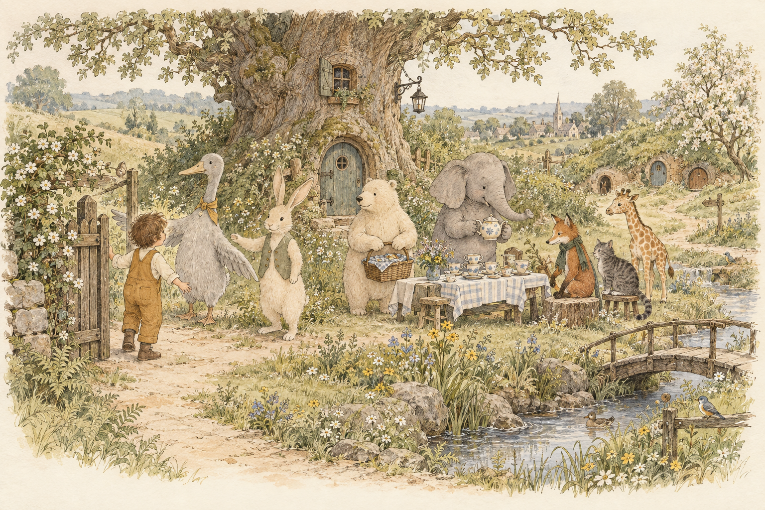 A child enters a storybook garden where Goose, Rabbit, Bear, Elephant, Fox, Cat and Giraffe are waiting for tea beside their old oak-tree home