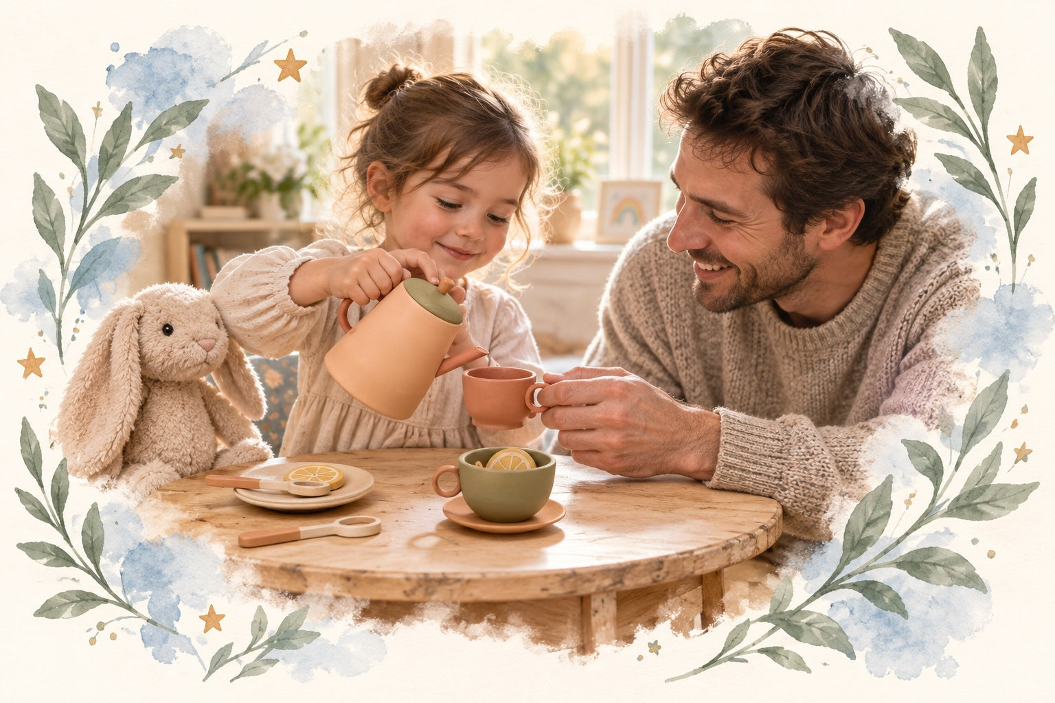 Watercolor-framed editorial illustration of a parent and child sharing pretend tea play