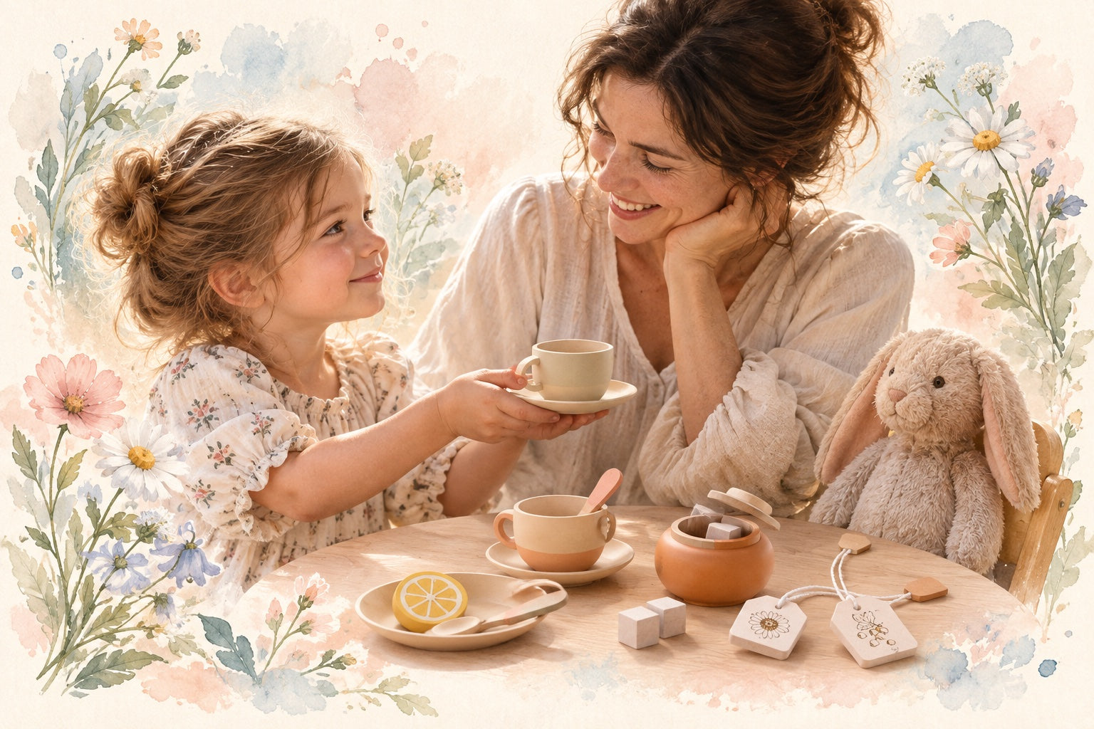 Watercolor-framed editorial illustration of a parent and child sharing pretend tea play